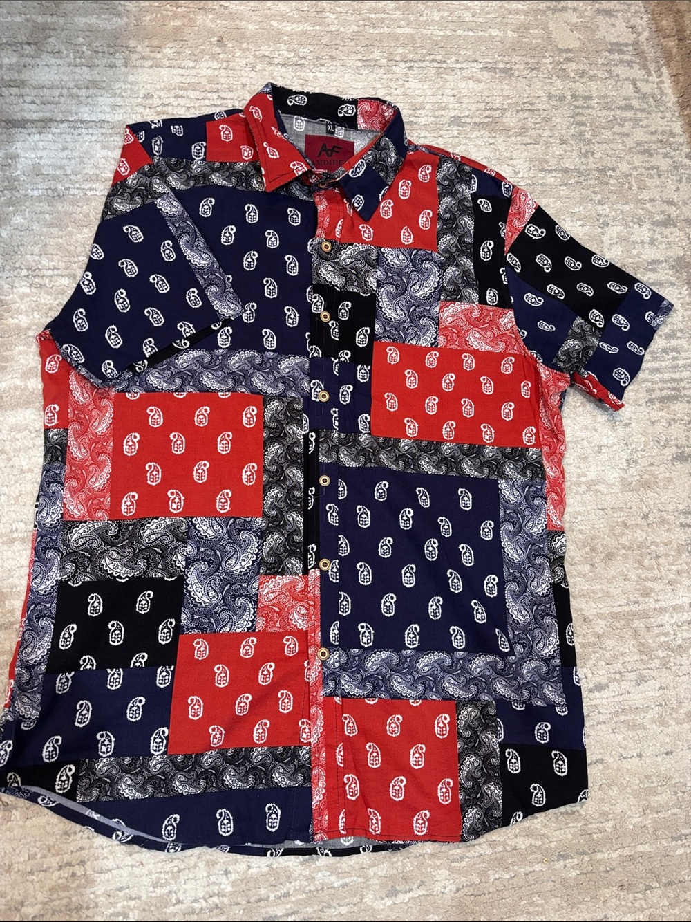AF Patchwork Paisley Short-Sleeve Button-Down Shirt in Red & Navy